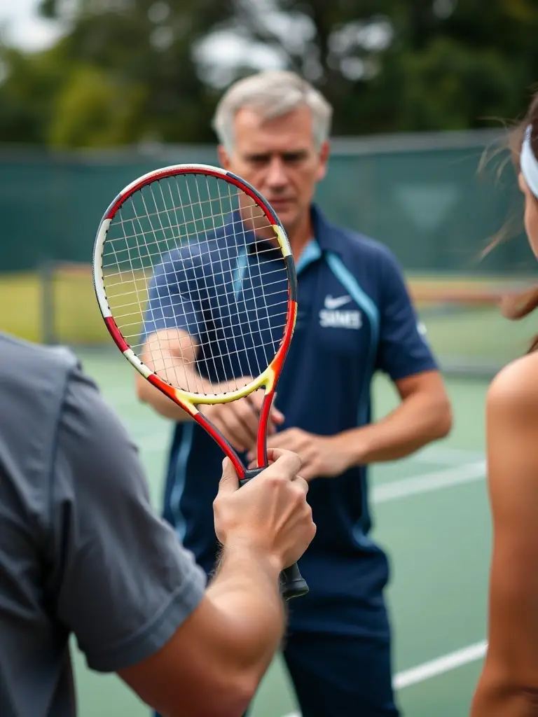 A professional tennis coach providing one-on-one instruction to an adult player at TC.FLM M., focusing on technique refinement and strategic play.