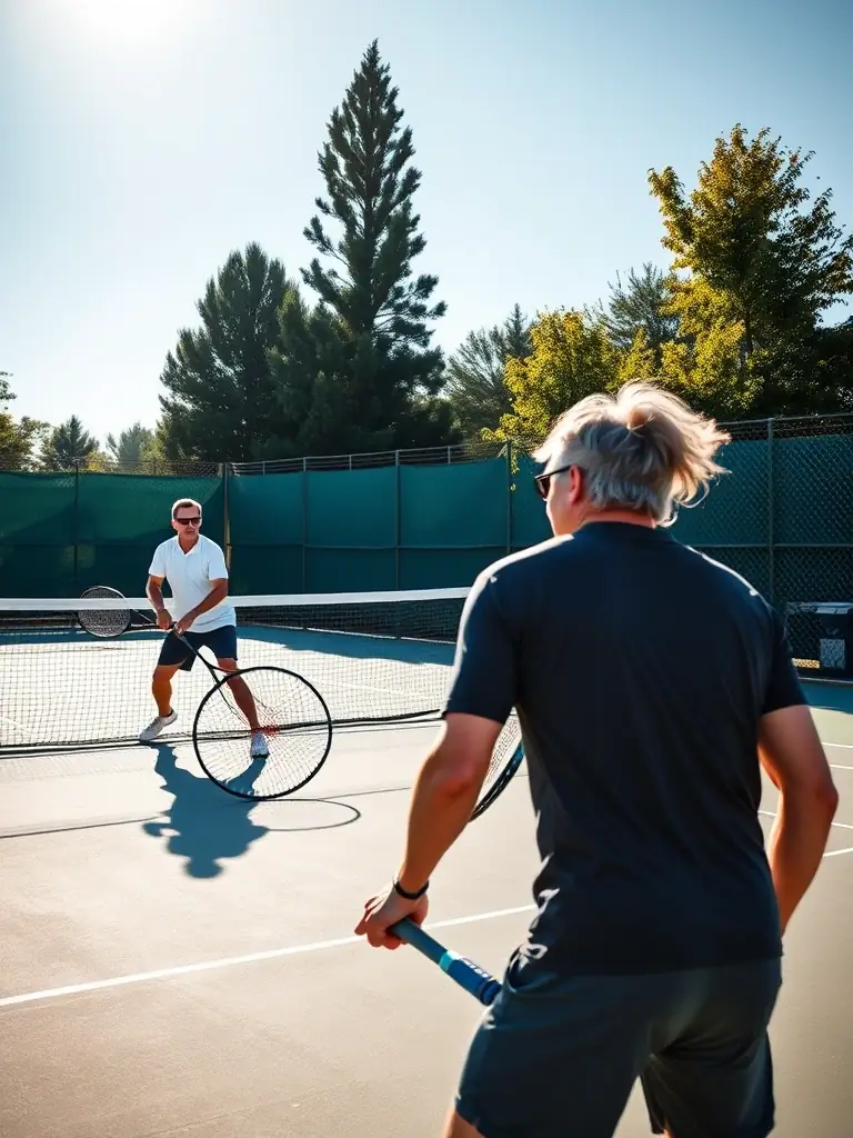 Adults participating in a doubles tennis match on a clay court, showcasing the social and competitive aspects of the sport. The players are focused and enjoying the game.