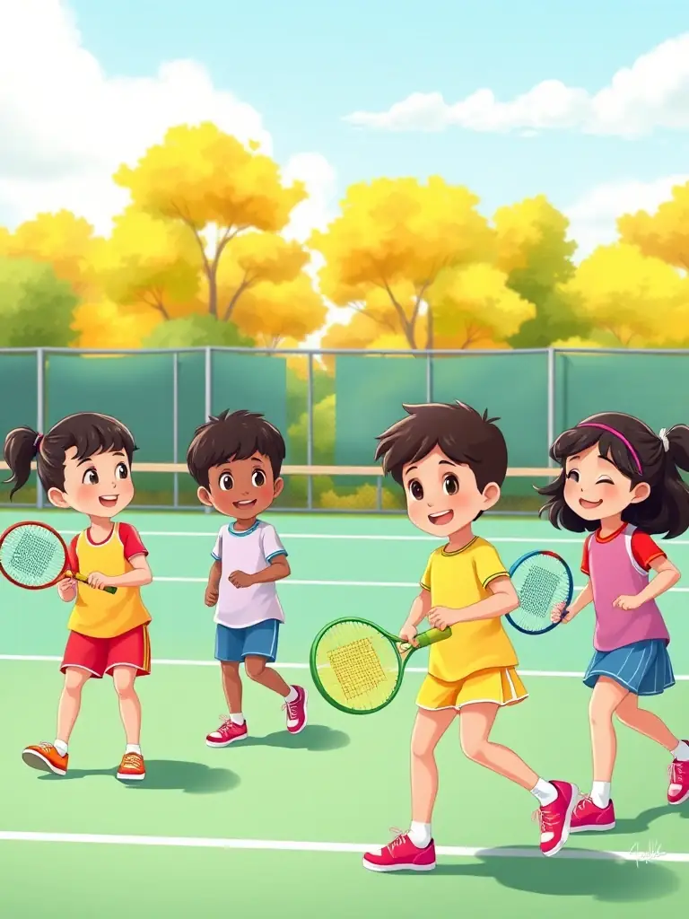 A group of young children participating in a tennis lesson on a sunny outdoor court at TC.FLM M., with a coach demonstrating proper technique.