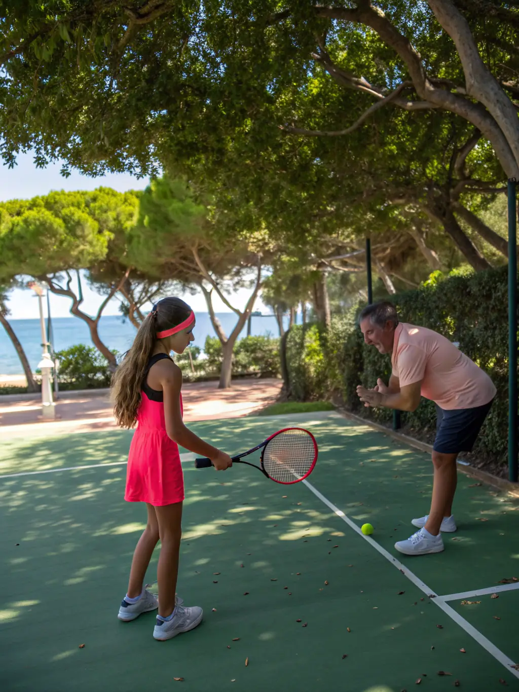 A teenager practicing their tennis serve on the court, with a coach observing and providing feedback. The focus is on improving technique and power.