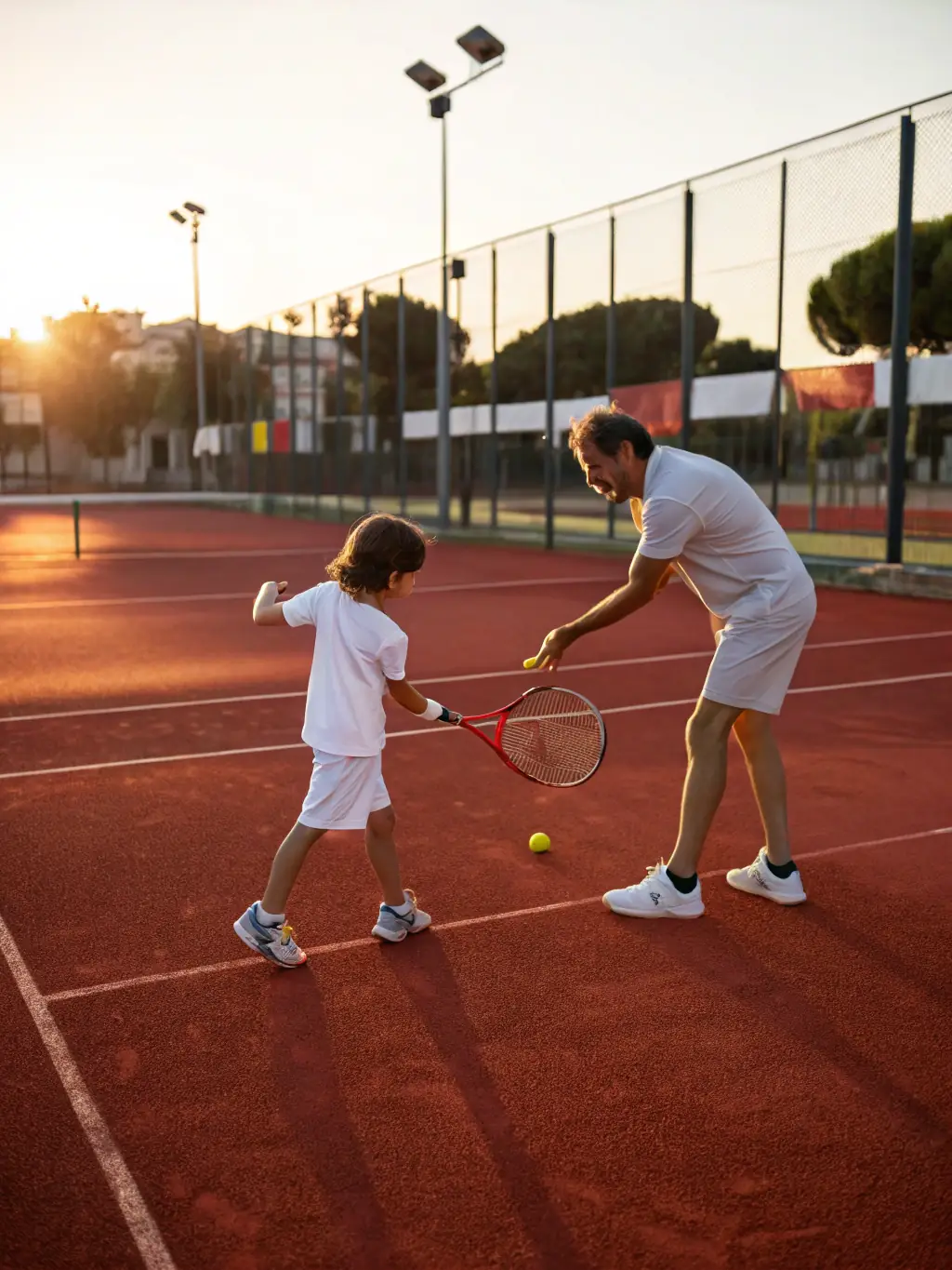A group of children participating in a tennis lesson on an outdoor court, with a coach providing instruction. The children are smiling and engaged in the activity.