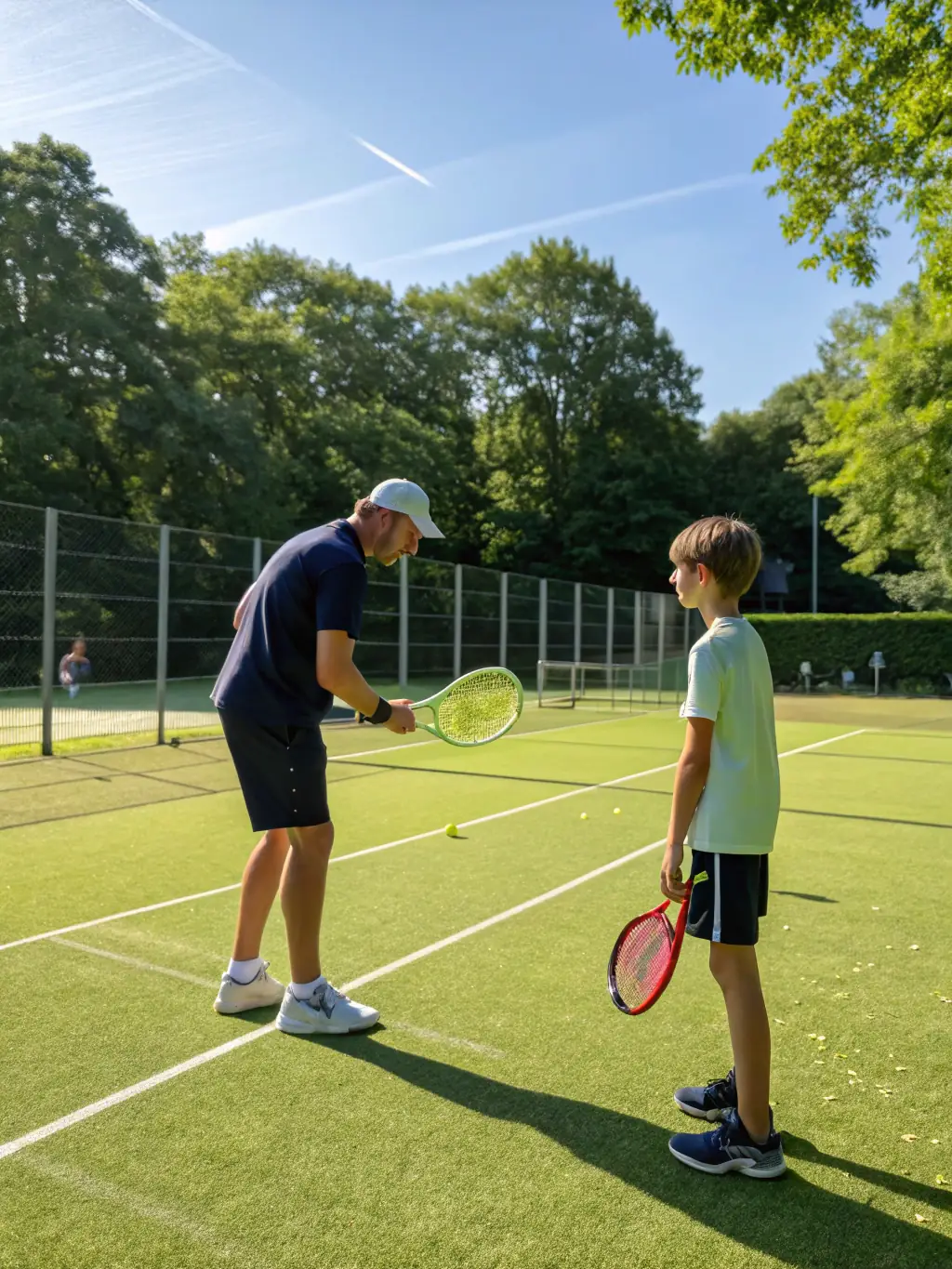 A senior player receiving one-on-one coaching from a tennis professional, focusing on technique and strategy. The setting is a well-maintained tennis court.